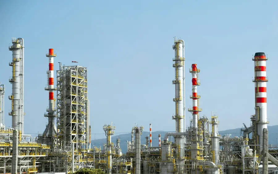 Refinery towers and pipe racks under a blue sky