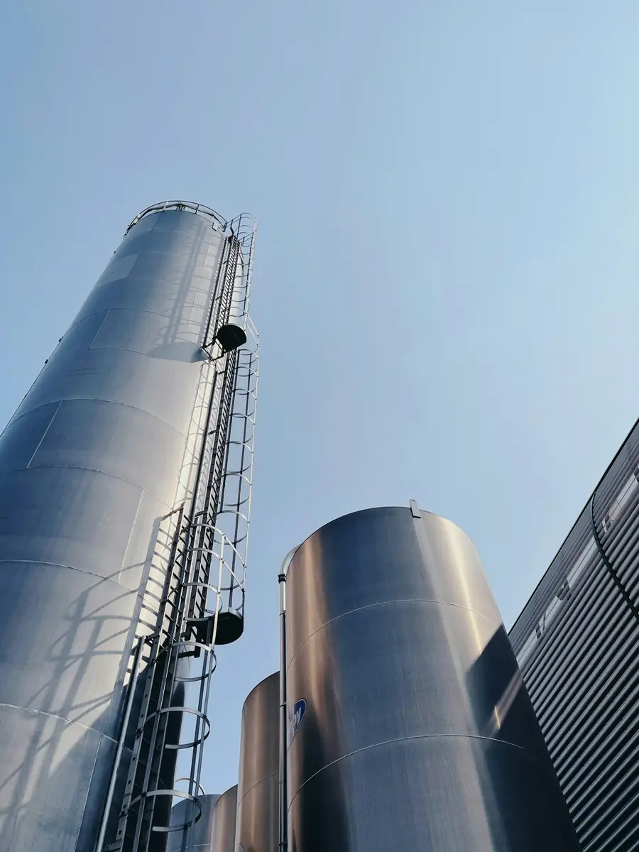 Tall steel storage tanks with access ladders